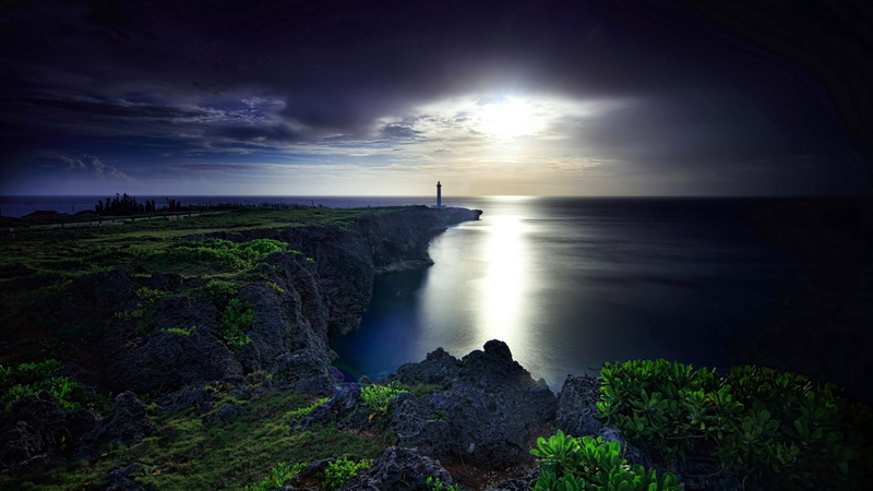 nakagami, okinawa, cape zanpa lighthouse, nature, japan, 4K, sky, uza, asia, yomitan, moonlight, twilight, horizon, phenomenon, night, water, darkness