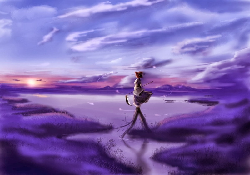 sky, nature, anime girls, freedom, animal wildlife, full length, outdoors, purple, adult, softness, water, anime, motion, Onozuka Komachi, sea, sunset