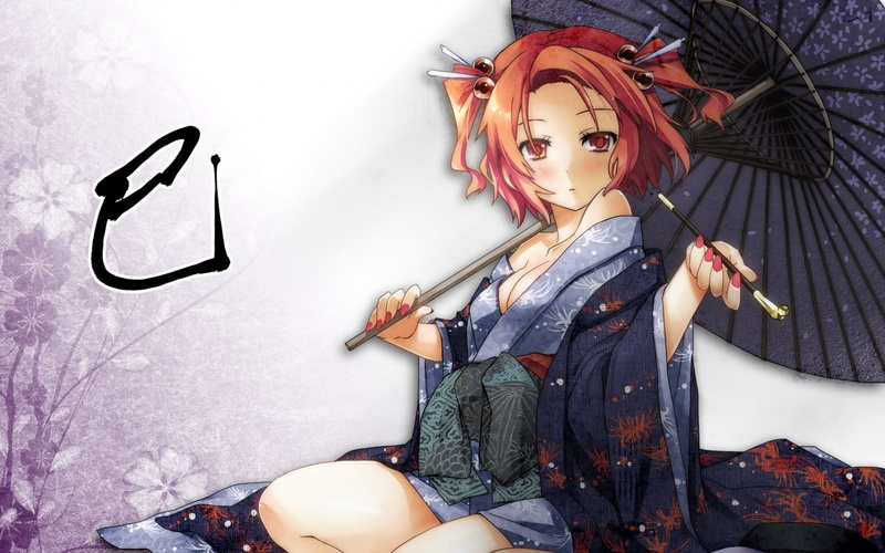 traditional clothing, redhead, umbrella, Touhou, kimono, 720P, anime girls, anime, Onozuka Komachi