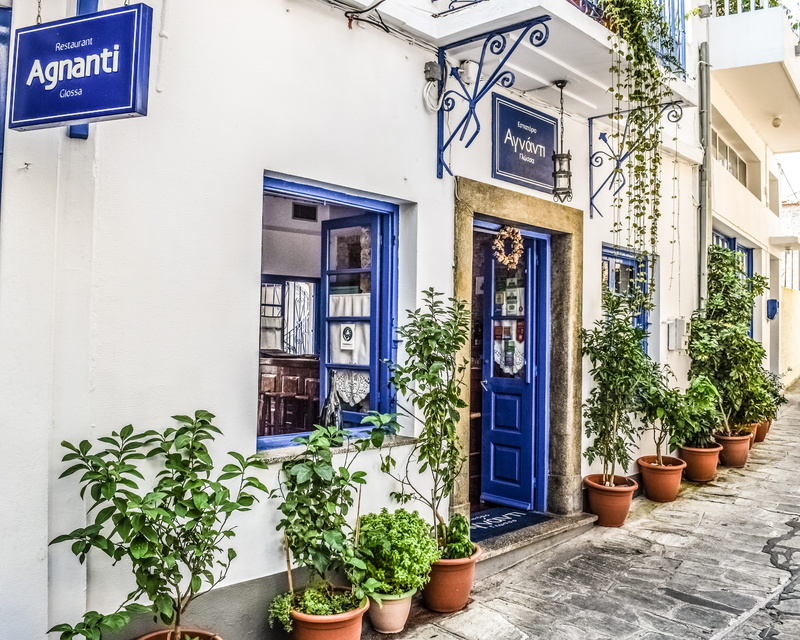 building exterior, white and blue, greek, glossa, window, non-western script, residential district, sign, 4K, entrance, greece, mediterranean, door, summer