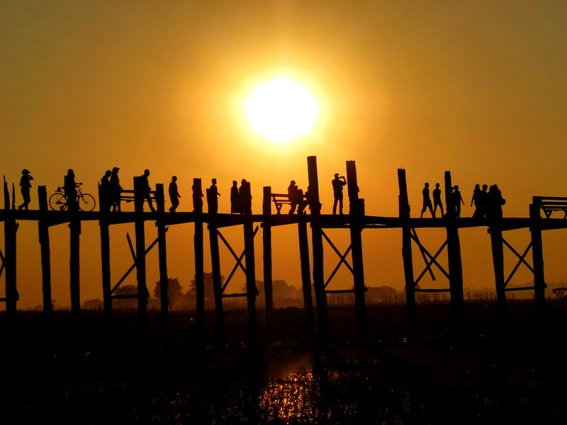 myanmar, connection, landscape, bridge, architecture, crowd, nature, asia, river, water, large group of people, standing, sun, people, sunset, silhouette