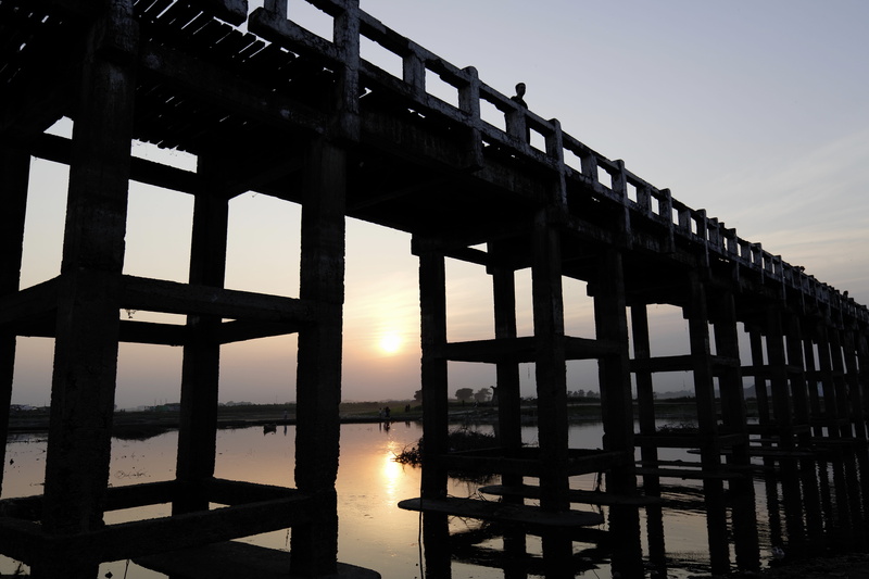 sky, red sky, bridge - man made structure, pangan, wood - material, port, dock, built structure, waterfront, bridge, tranquility, dusk, sunset, flare, myanmar