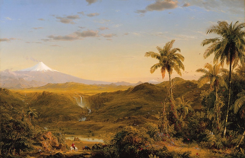 1080P, oil on canvas, sky, no people, tranquility, mountains, beauty in nature, plant, environment, horses, tropical climate, stream, tranquil scene, tree