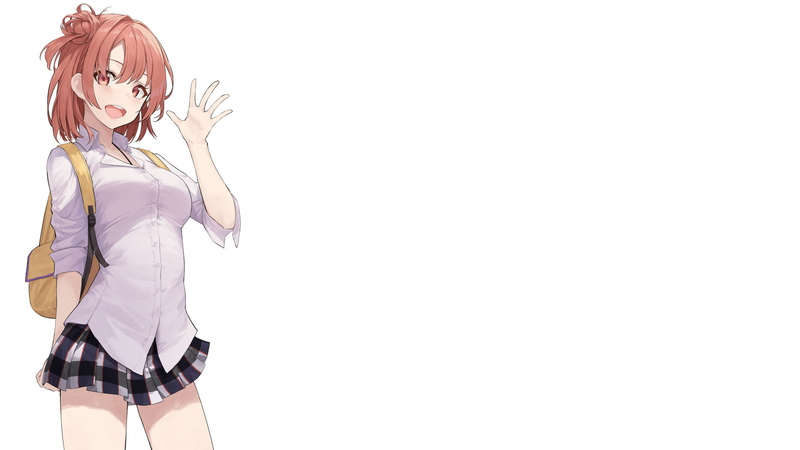 pink hair, backpacks, anime, white background, 4K, Yahari Ore no Seishun Love Comedy wa Machigatteiru, school uniform, Yuigahama Yui, anime girls