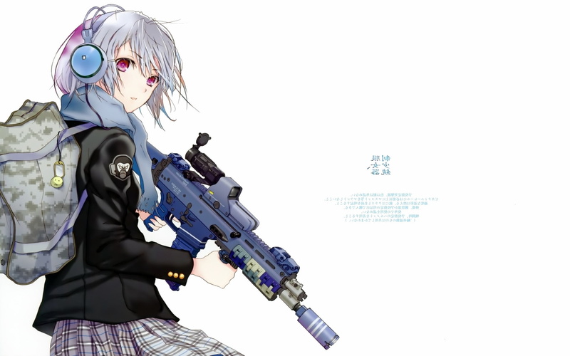 red eyes, anime girls, monkey, anime, assault rifle, 1080P, weapon, headphones, backpacks
