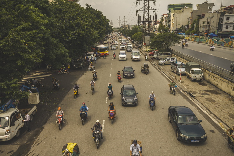 land vehicle, road, motor vehicle, green, near, outdoors, 4K, motorcycles, building exterior, traffic, day, bikes, asia, travel, vietnamese, high angle view