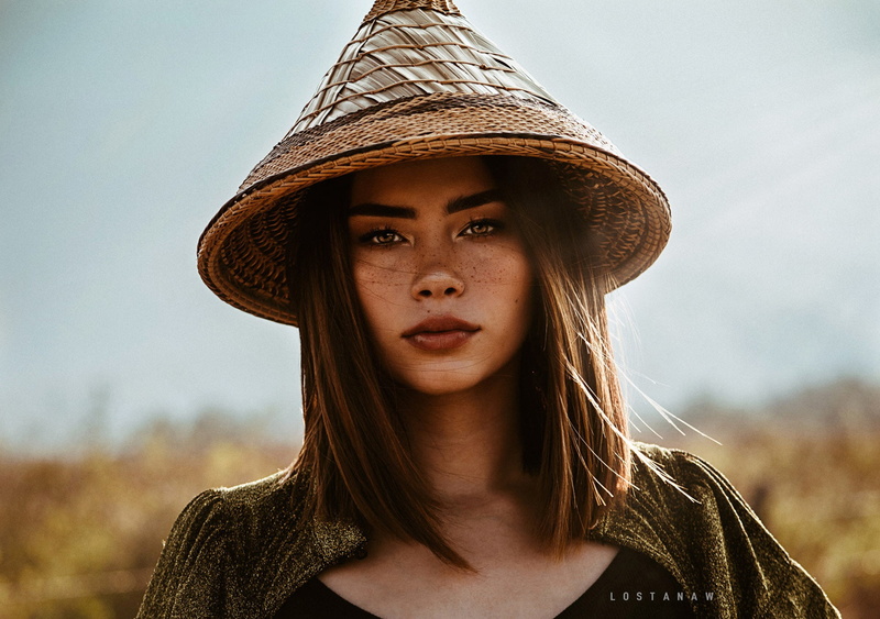 look, 1080P, portrait, hairstyle, hat, brown hair, bokeh, makeup, the sun, model, Reyna Alonso, Lostanaw, Vietnamese