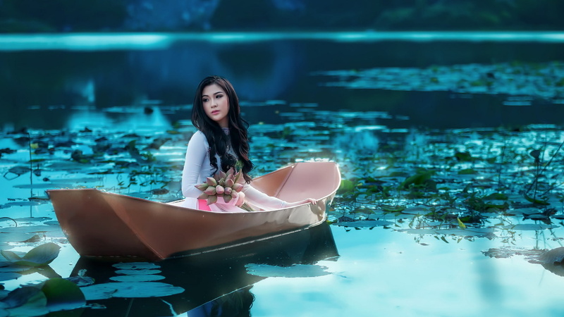 Vietnam, Asian, Lotus, Oriental, 1080P, Girl, Women, Woman, Boat