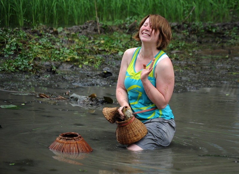 emotion, one animal, outdoors, container, nature, women, 2K, smiling, travel, hairstyle, water, holding, basket, river, day, three quarter length, one person