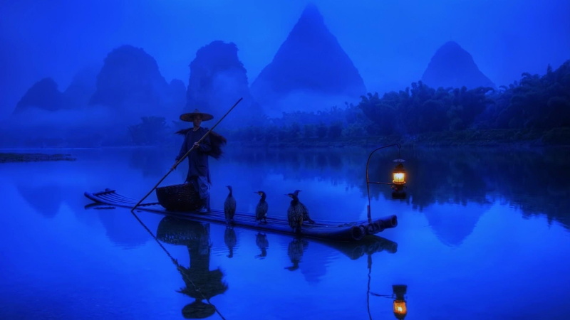 hat, boat, man, night, 3d and abstract, birds, distant, mountains, asia, blue, riding, 1080P