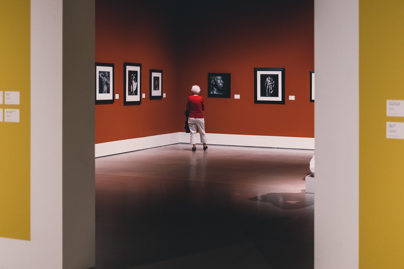 rear view, artworks, real people, door, travel, flooring, paintings, walking, photography, sad, old, corridor, museum, built structure, entrance, one person