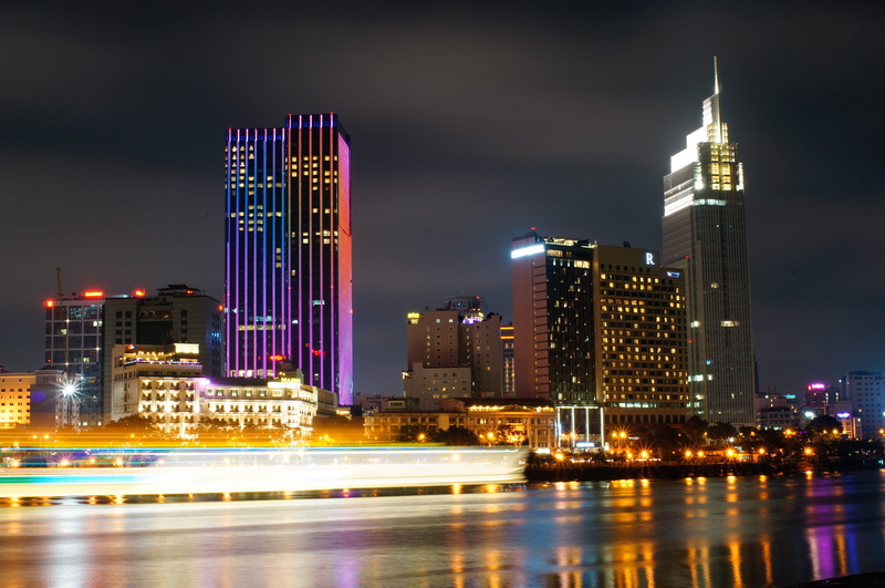 sky, outdoors, urban skyline, lapse, financial district, Vietnam, no people, building, building exterior, reflection, built structure, water, illuminated