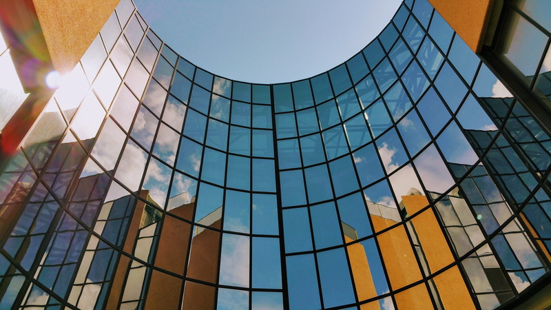 directly below, window, glass, built structure, outdoors, 5K, modern, windows, office building exterior, building exterior, low angle view, no people