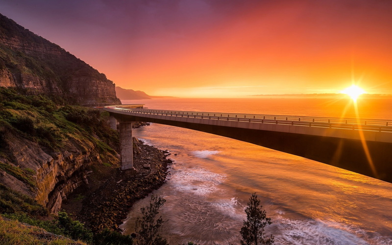 Mountains, Cliff, NSW, Australia, Sea, Sunset, Bridge, Sky, Red, 1080P