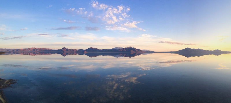 reflection, salt flats, land, cloud - sky, sky, tranquility, tranquil scene, mountains, blue, sunrise, panoramic, salt, utah, travel destinations, beauty in nature