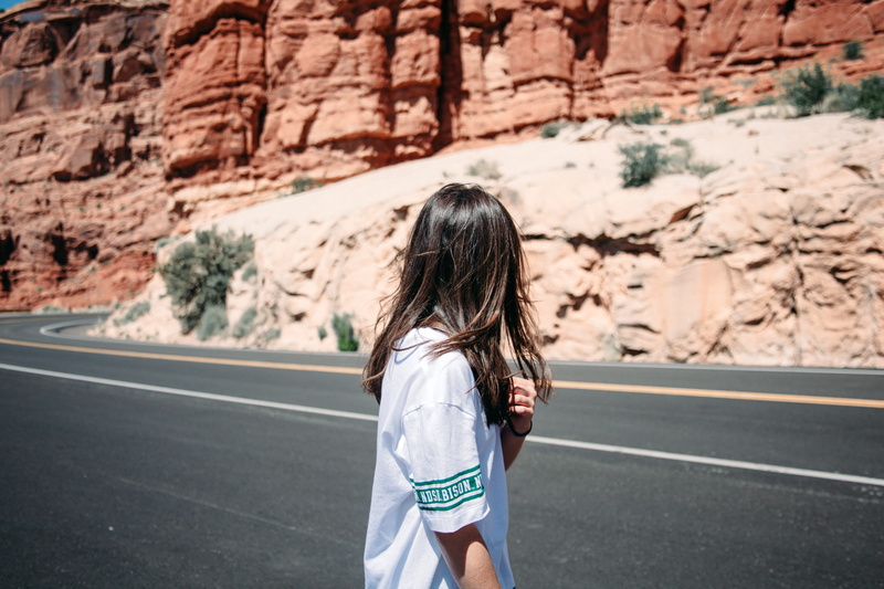women, bokeh, casual clothing, outdoors, child, road, utah, standing, hair, united state, cliff, asphalt, brown hair, offspring, trip, girls, rear view