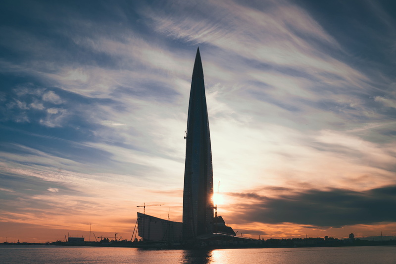 silhouette, high, hour, russia, golden, steeple, water, sunrise, nature, red sky, waterfront, sunset, building exterior, lakhta center, travel, skyscraper