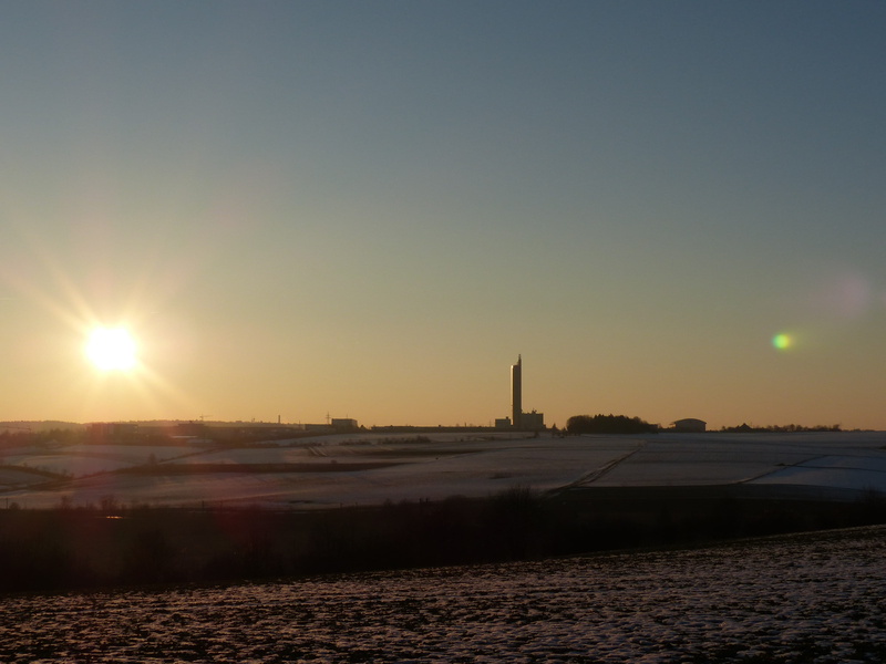sky, no people, sunlight, chimney, field, silo, city, sun, industry, Landscape, building exterior, snow, architecture, fuel and Power Generation, Field