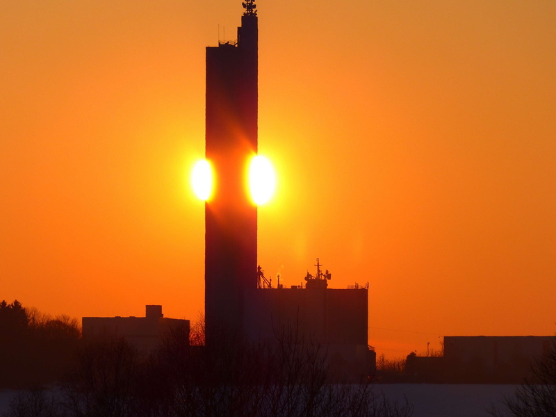 tower, sunset, nature, sun, half, fiery, flour mill, fog, highest grain silo, sky, farbenpracht, heat, 4K, orange color, silhouette, natural phenomenon