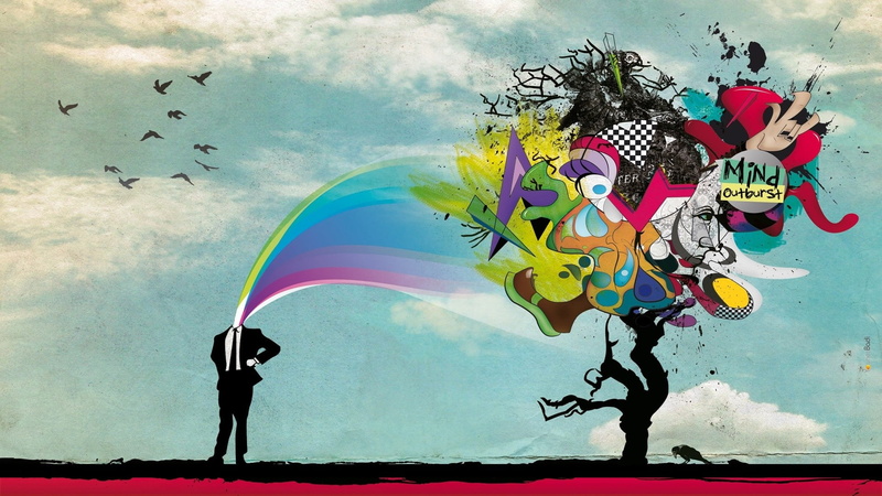 abstract, purple, mind, green, outburst, red, painting, black, 1080P, artwork, birds, colorful