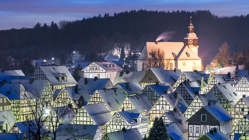 Freudenberg, winter, landscape, North Rhine-Westphalia, lights, Germany, roof, the evening, home, 1080P