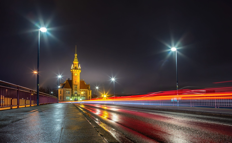 no people, downtown, street light, 4K, city street, motion, built structure, transportation, skyscraper, city life, lighting equipment, blurred motion