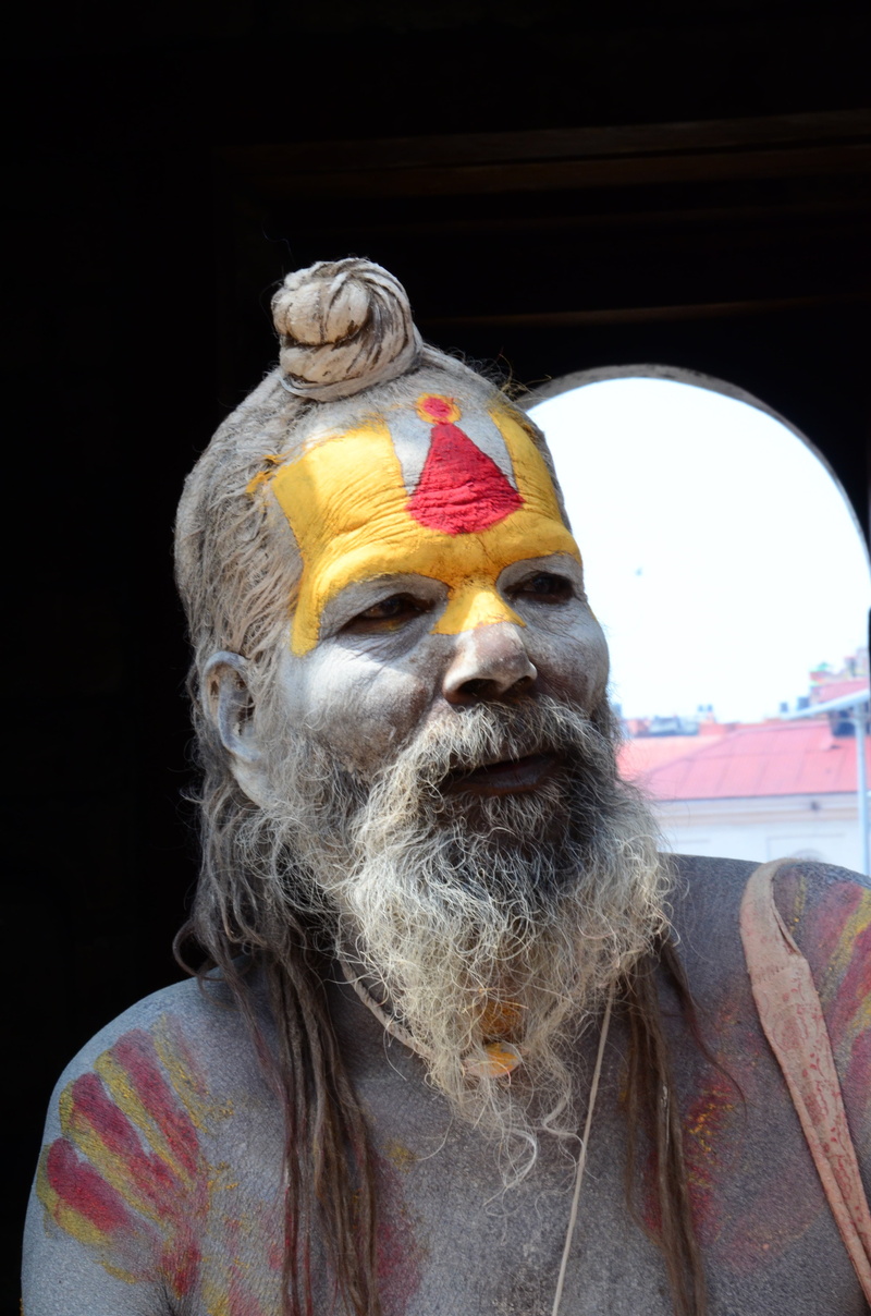 old man, face, yellow, men, real people, senior men, indoors, gray hair, nepal, painted, lifestyles, senior adult, culture, adult, black background, people