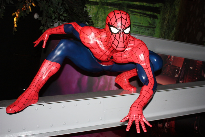 fair, skeleton, real people, indoors, spiderman, folders, railing, convention, helmet, lifestyles, sport, architecture, artwork, figures, headwear, front view