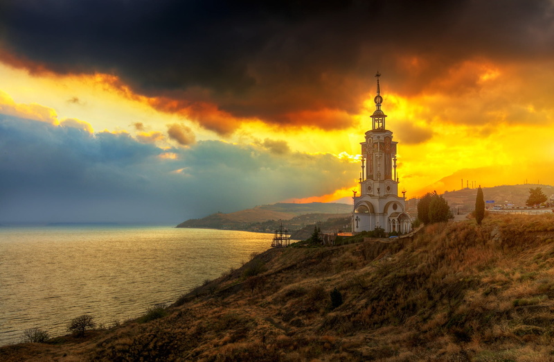 temple, religion, cloud - sky, sky, horizon over water, scenics - nature, no people, sea, place of worship, land, architecture, lighthouse, nature, belief