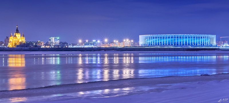 Cathedral, the city, reflection, shore, the evening, rays, Nizhny Novgorod, lights, river, ice, light, lower, Volga, promenade, temple, stadium, night