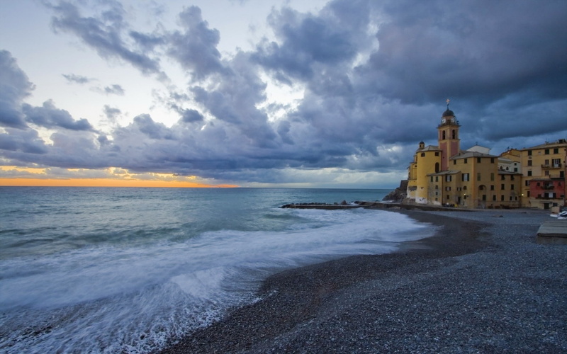 beach, architectire, ocean, clouds, landscape, sky, sea, buildings, 1080P, sunset, temple, shore