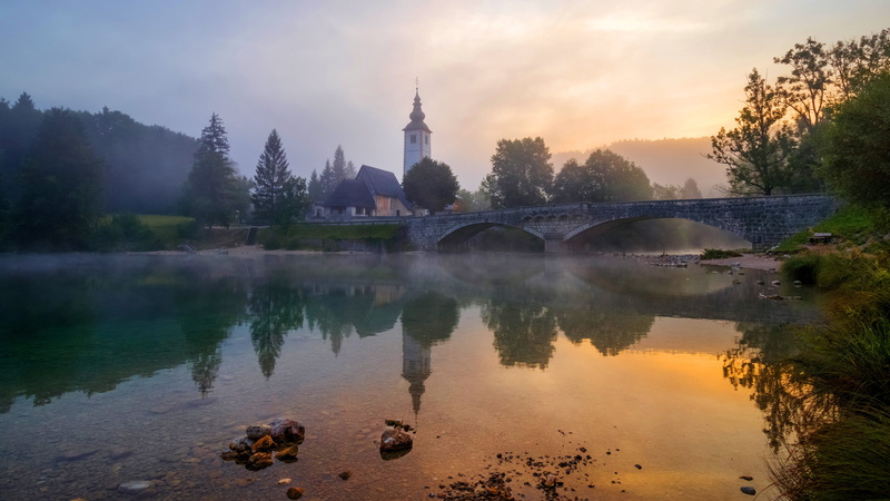 morning, bridge, Church, pond, 4K, landscape, stones, shore, nature, dawn, arched, fog, haze, chapel, architecture, early, reflection, the sky, temple