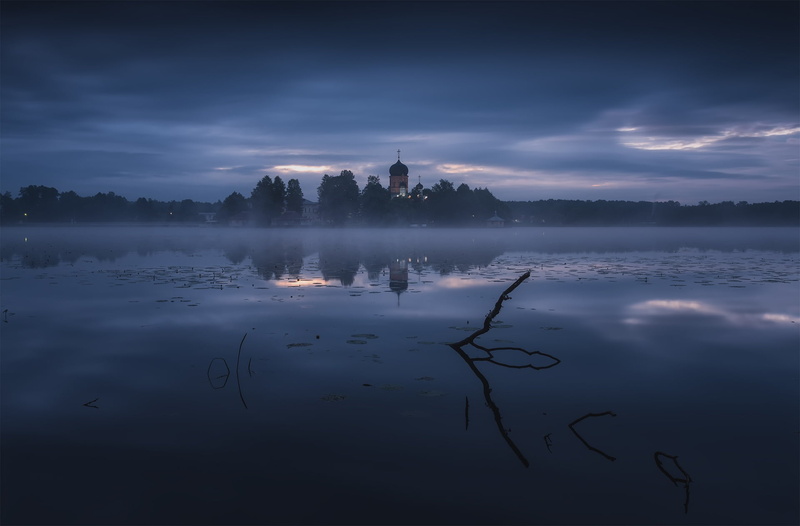 vegetation, Vitaly Levykin, nature, shore, landscape, 1080P, fog, temple, river, dome, morning