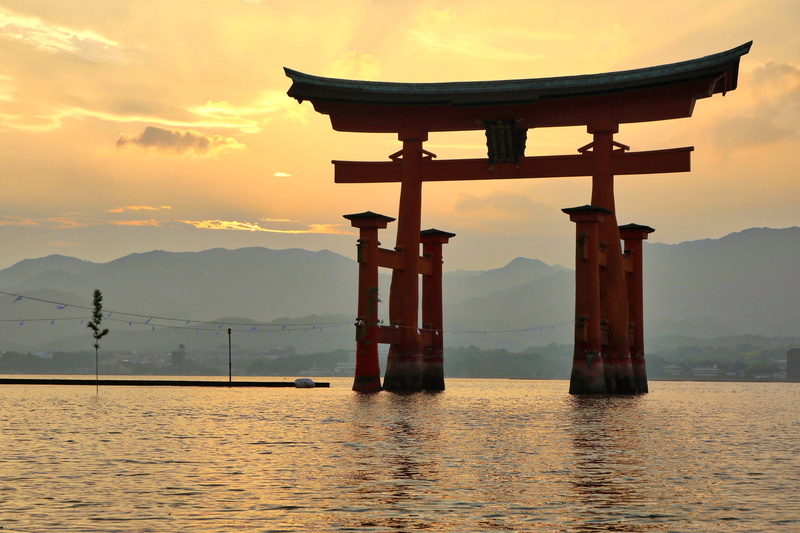 mountain gange, sea side, travel destinations, golden, sunset, tranquil scene, open sea, torii, scenics - nature, mountain ridge, outdoors, water, nature