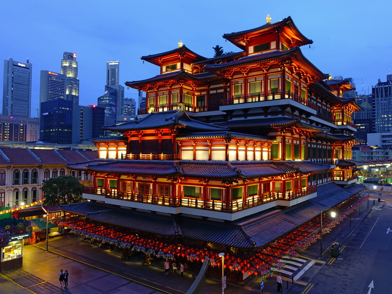 urban, outdoors, building exterior, nature, building, sky, layered, lighting, incidental people, chinatown, real people, architecture, praying, evening