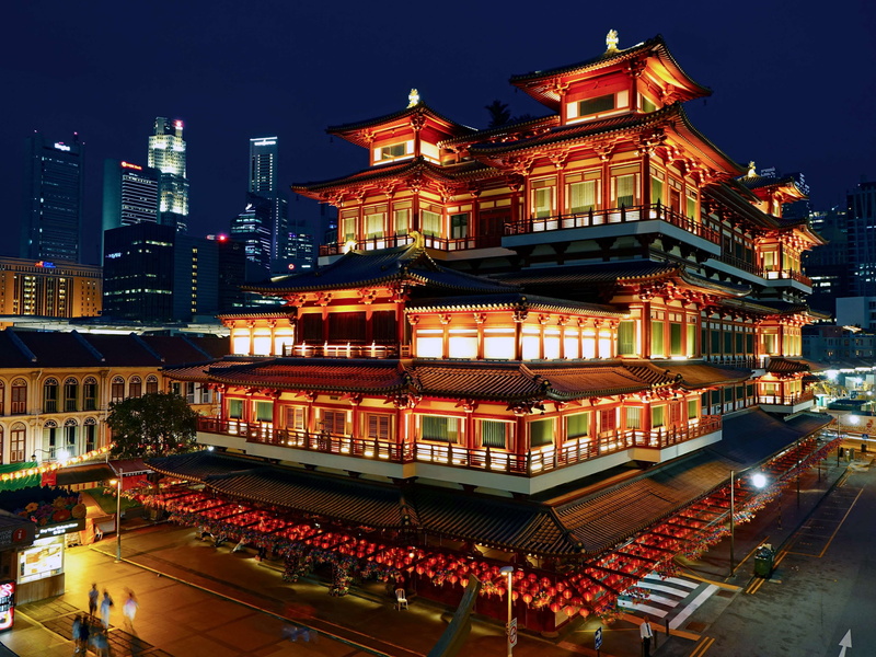 buddhism, built structure, 4K, real people, urb, building exterior, illuminated, high angle view, singapore, city, chinatown, architecture, outdoors, incidental people