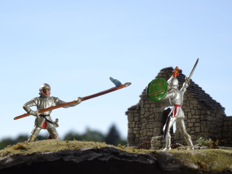 lance, diorama, low angle view, blue, weapon, day, aggression, 5K, male likeness, nature, outdoors, human arm, competition, toys, people, two people, clear sky