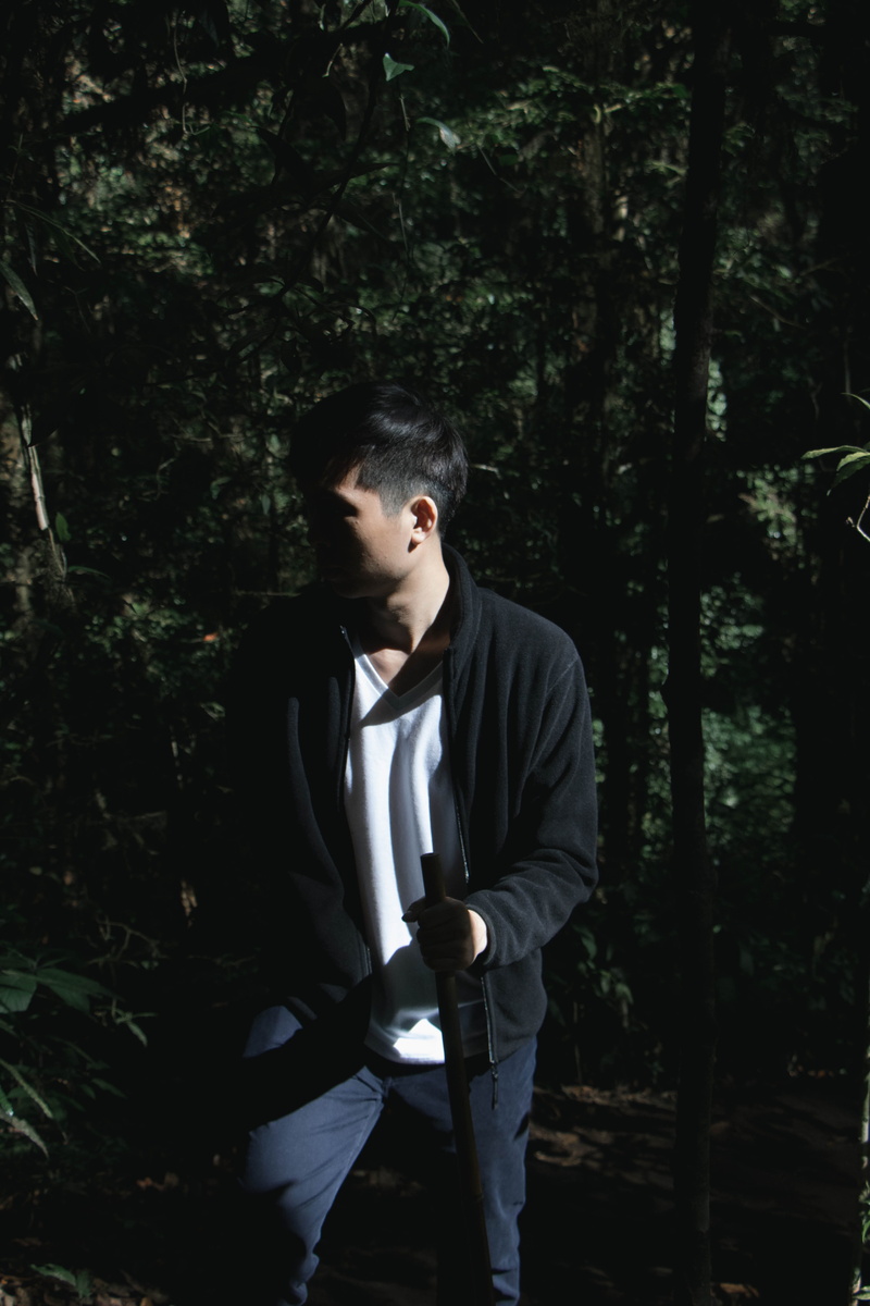 waist up, casual clothing, natural, land, looking, kew mae pan nature trail, man, trees, three quarter length, men, thailand, one person, portrait, tree