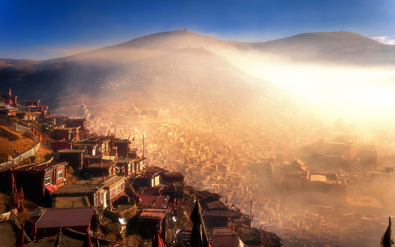 high angle view, tibetan, travel destinations, mountain, no people, city, built structure, building, holy, smoke - physical structure, morning, architecture
