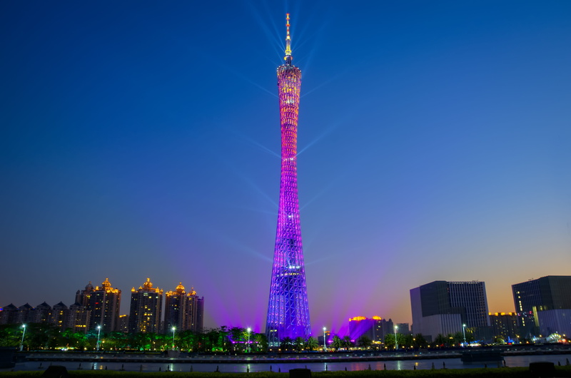 outdoors, modern architecture, light, tall - high, built structure, concrete, 4K, illuminated, wide, night view, purple, tower, no people, nature, canton tower