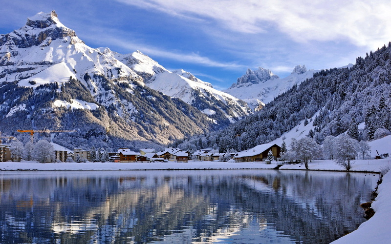scenics - nature, landscape, blue, snow, cloud - sky, 2K, vacations, outdoors, forest, body, ice, sky, cold - Temperature, panoramic, scenics, engelberg