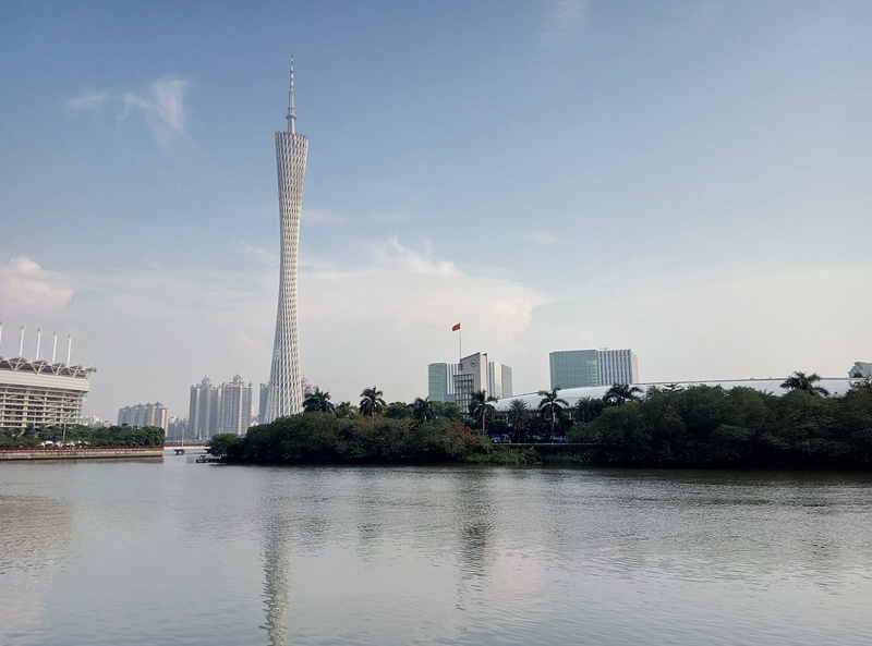 tall - high, modern, Pearl River, river, tree, tower, water, cityscape, building, spire, outdoors, canton, Canton Tower, landscape, plant, sky, 4K, no people