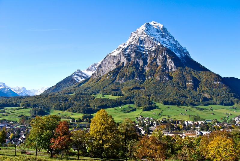 2K, steep, scenics - nature, outdoors, glarus, mountain, beauty in nature, blue, landscape, clear sky, trees, snowcapped mountain, summit, mountain range