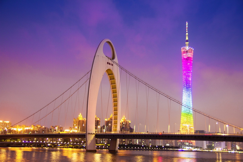 beige, bridge - man made structure, canton, skyscraper, engineering, purple, liede bridge, night, illuminated, city, transportation, architecture, nature