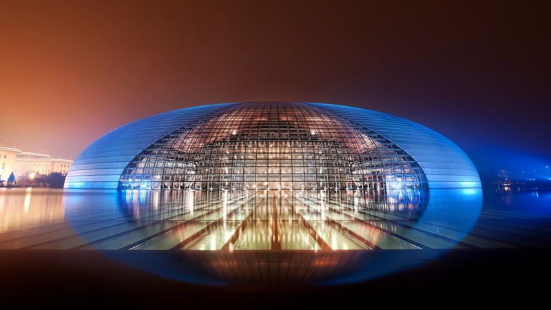 illuminated, blue, symmetry, no people, city, asia, performing arts center, nature, opera house, built structure, building exterior, outdoors, structure