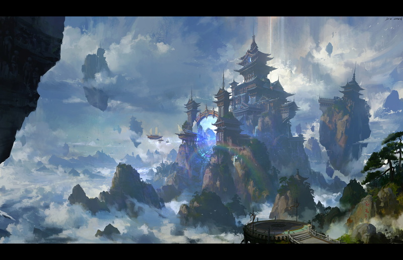 1080P, fantasy architecture, digital art, Portal, clouds, fantasy city, lok du, fantasy art
