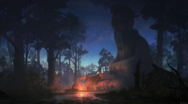 swamp, statue, camp, digital art, fantasy art, trees, 1080P, lok du