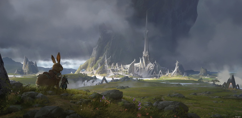 fantasy city, lok du, rabbits, mountains, 1080P, giant, digital art, castle