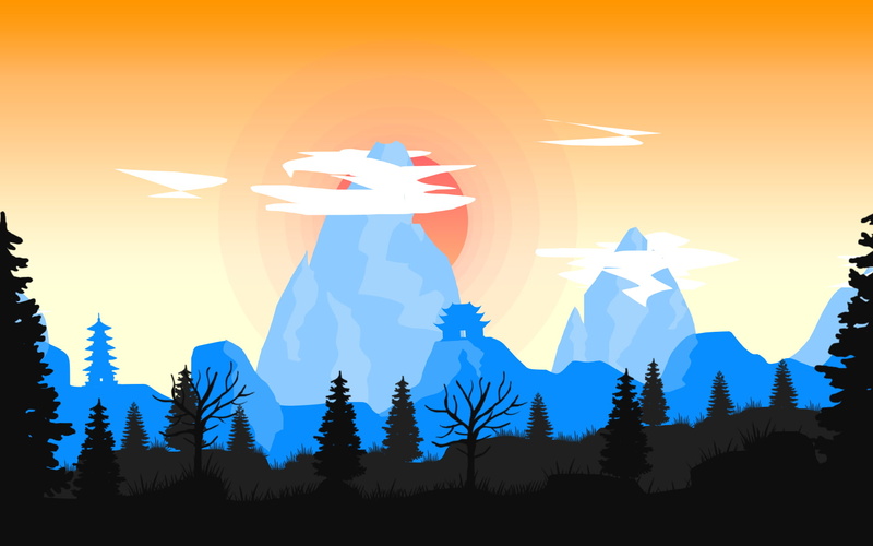blue, clouds, cyan, outdoors, mountains, orange, no people, architecture, nature, low angle view, Sun, orange color, 720P, sunlight, flag, tree, patriotism
