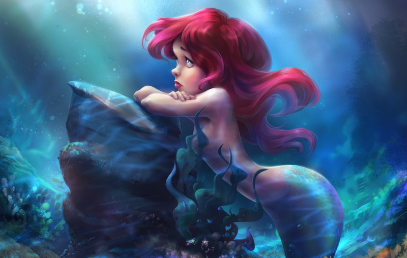 mood, Anna Anikeyka, tear, art, Little mermaid, childrens, the little mermaid, the ocean, 1080P, sadness, fantasy